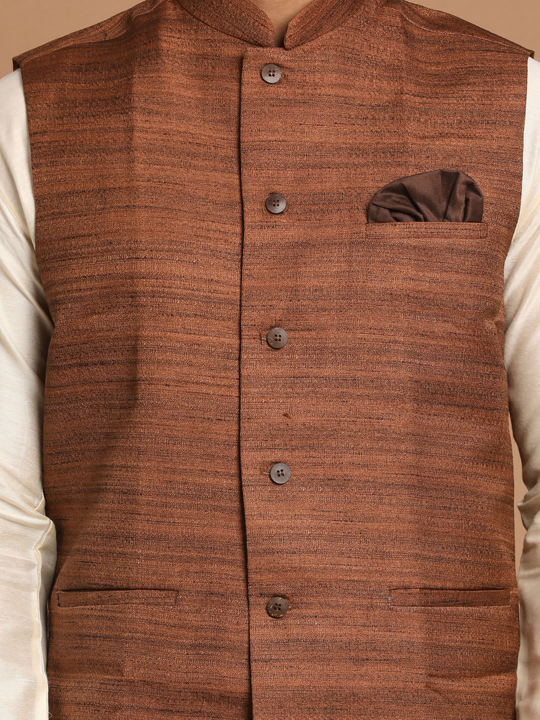 Vastramay Men's Cream And Brown Viscose Jacket, Kurta And Pyjama Set - Distacart