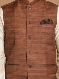 Thumbnail for Vastramay Men's Cream And Brown Viscose Jacket, Kurta And Pyjama Set - Distacart