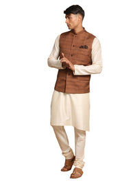 Thumbnail for Vastramay Men's Cream And Brown Viscose Jacket, Kurta And Pyjama Set - Distacart