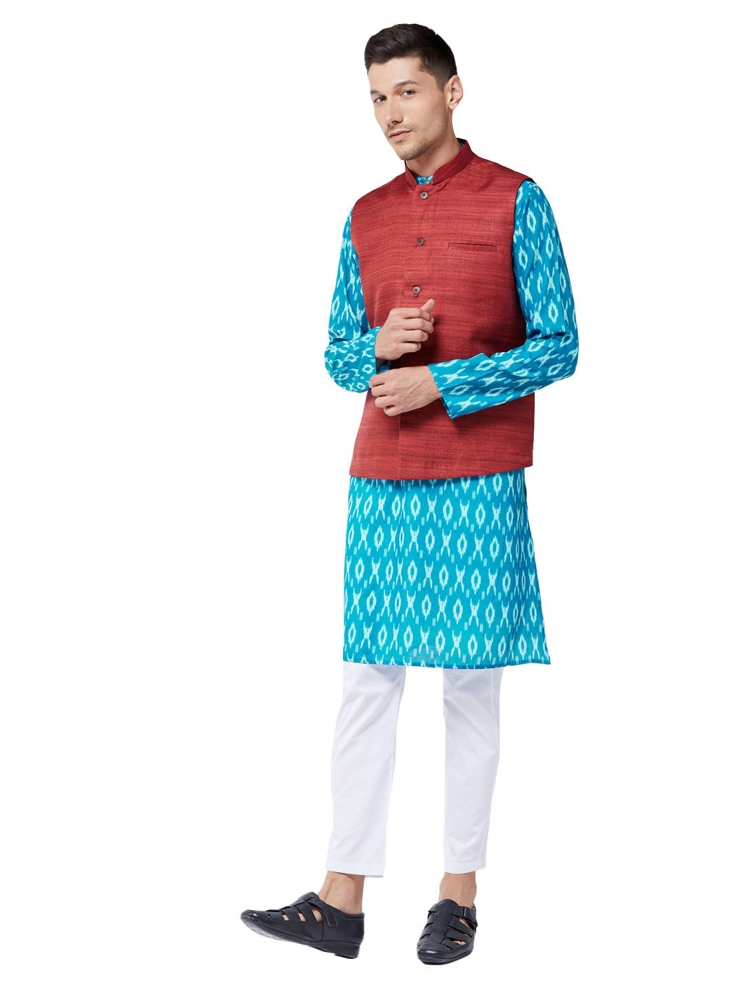 Vastramay Men's Turquoise And Maroon Cotton Blend Jacket, Kurta And Pyjama Set - Distacart