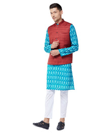 Thumbnail for Vastramay Men's Turquoise And Maroon Cotton Blend Jacket, Kurta And Pyjama Set - Distacart