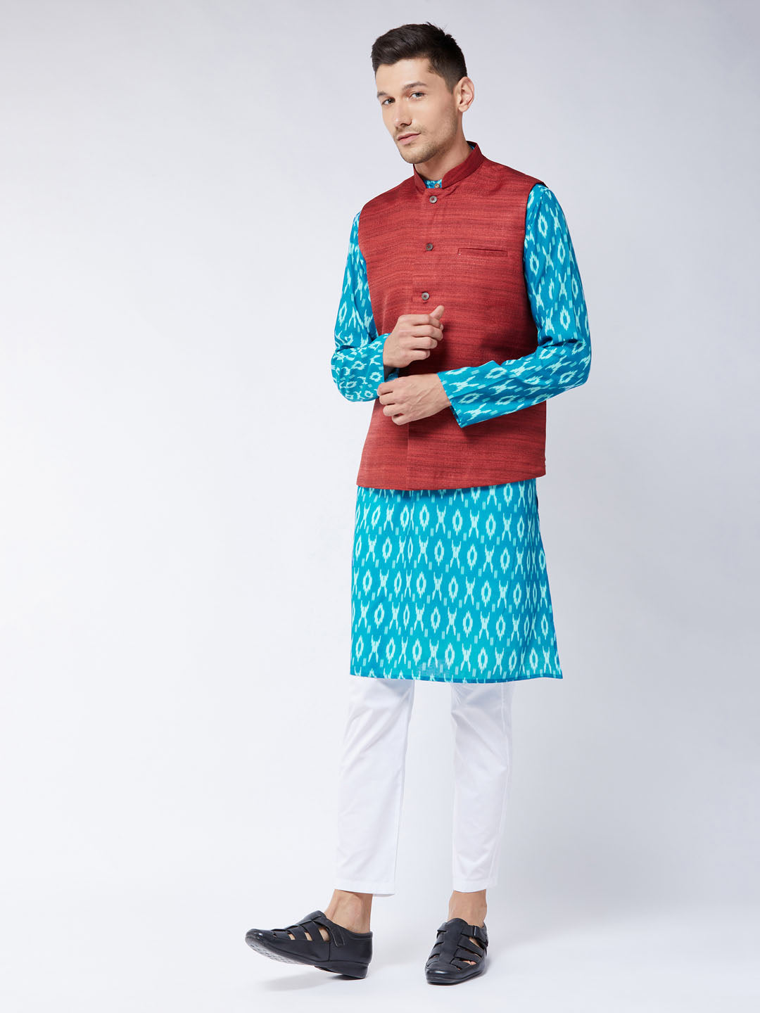 Vastramay Men's Maroon, Turquoise And White Cotton Blend Jacket, Kurta And Pyjama Set - Distacart