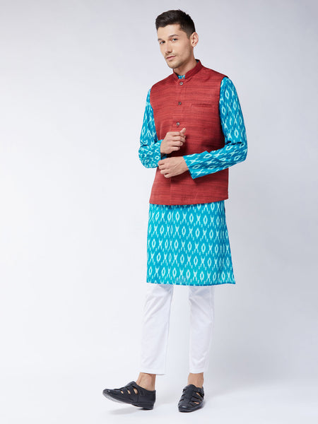 Vastramay Men's Maroon, Turquoise And White Cotton Blend Jacket, Kurta And Pyjama Set - Distacart
