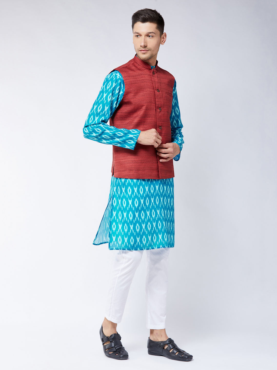 Vastramay Men's Maroon, Turquoise And White Cotton Blend Jacket, Kurta And Pyjama Set - Distacart