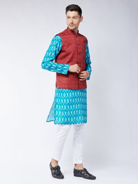 Thumbnail for Vastramay Men's Maroon, Turquoise And White Cotton Blend Jacket, Kurta And Pyjama Set - Distacart