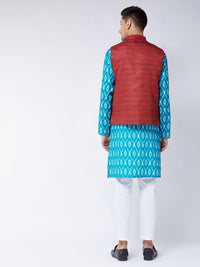 Thumbnail for Vastramay Men's Maroon, Turquoise And White Cotton Blend Jacket, Kurta And Pyjama Set - Distacart