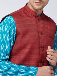 Thumbnail for Vastramay Men's Maroon, Turquoise And White Cotton Blend Jacket, Kurta And Pyjama Set - Distacart