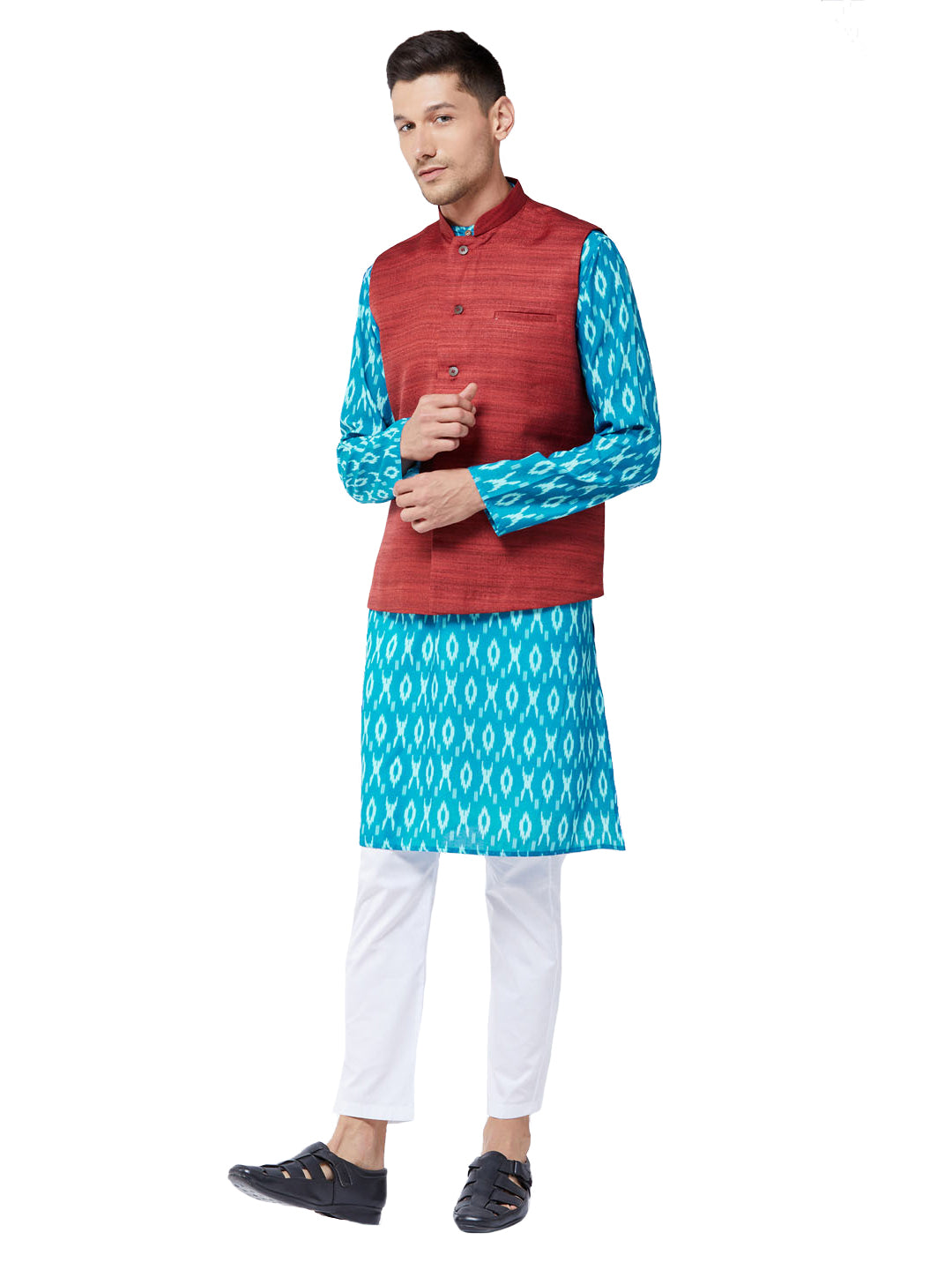 Vastramay Men's Maroon, Turquoise And White Cotton Blend Jacket, Kurta And Pyjama Set - Distacart