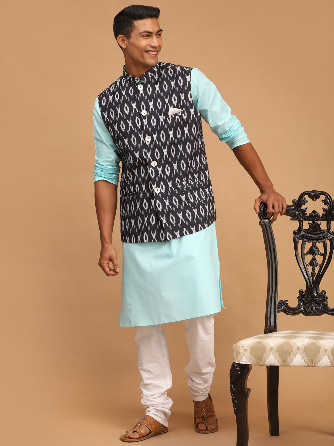 Vastramay Men's Aqua, Black And White Cotton Blend Jacket, Kurta And Pyjama Set - Distacart