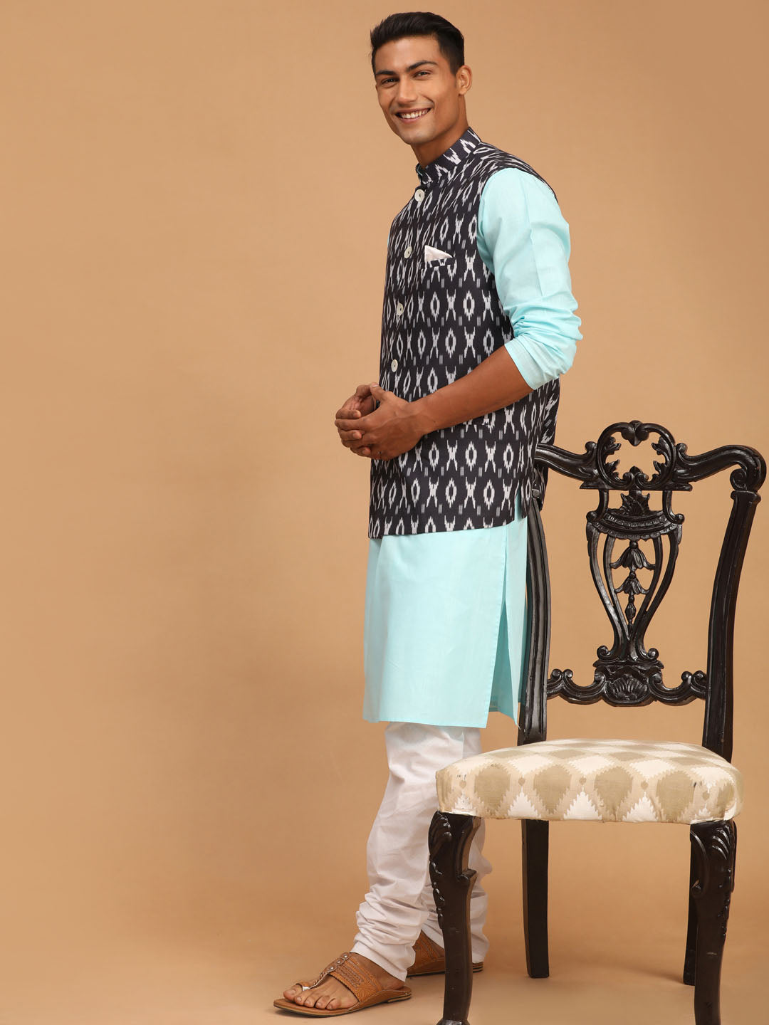 Vastramay Men's Aqua, Black And White Cotton Blend Jacket, Kurta And Pyjama Set - Distacart