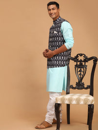 Thumbnail for Vastramay Men's Aqua, Black And White Cotton Blend Jacket, Kurta And Pyjama Set - Distacart