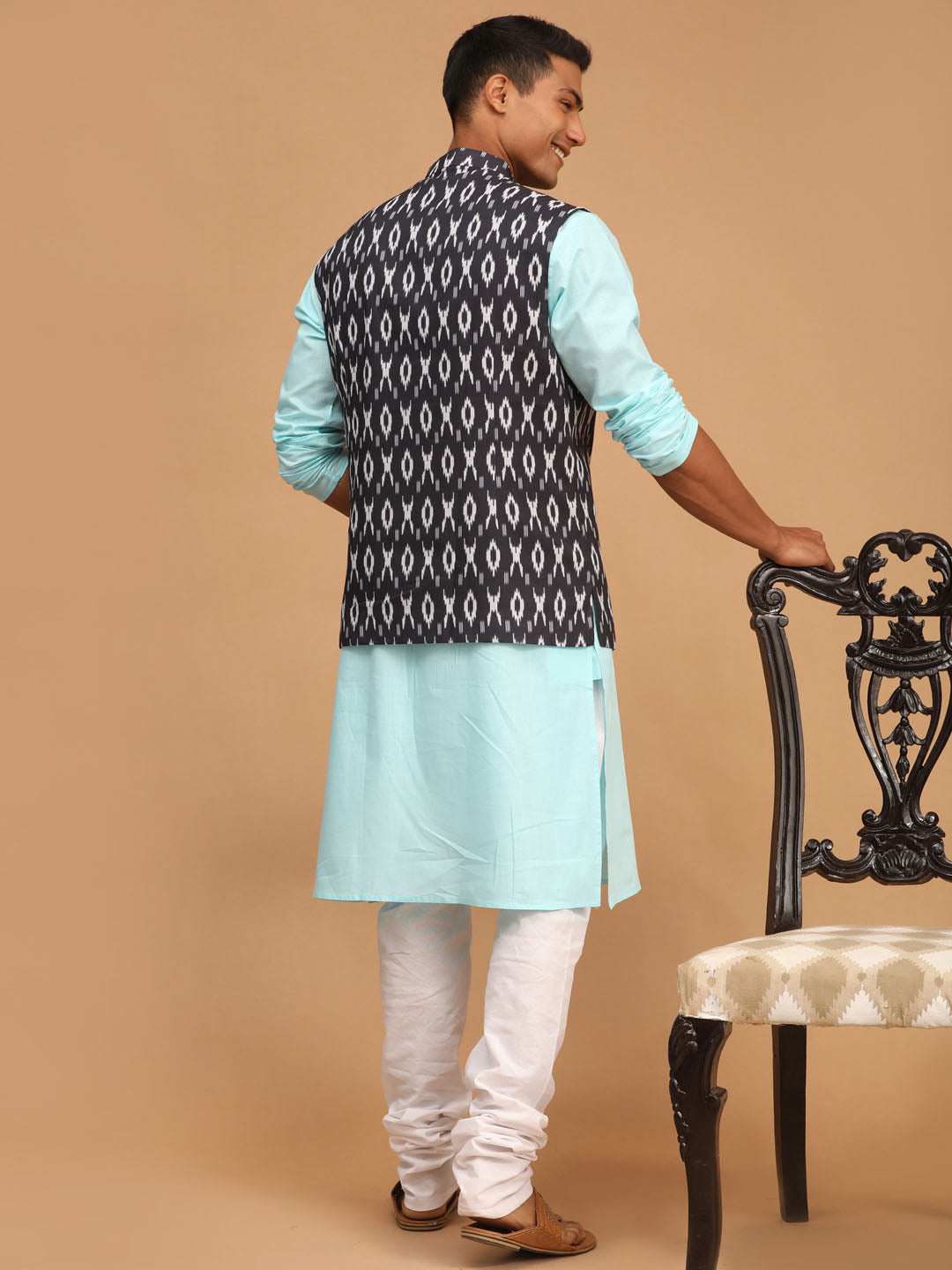 Vastramay Men's Aqua, Black And White Cotton Blend Jacket, Kurta And Pyjama Set - Distacart
