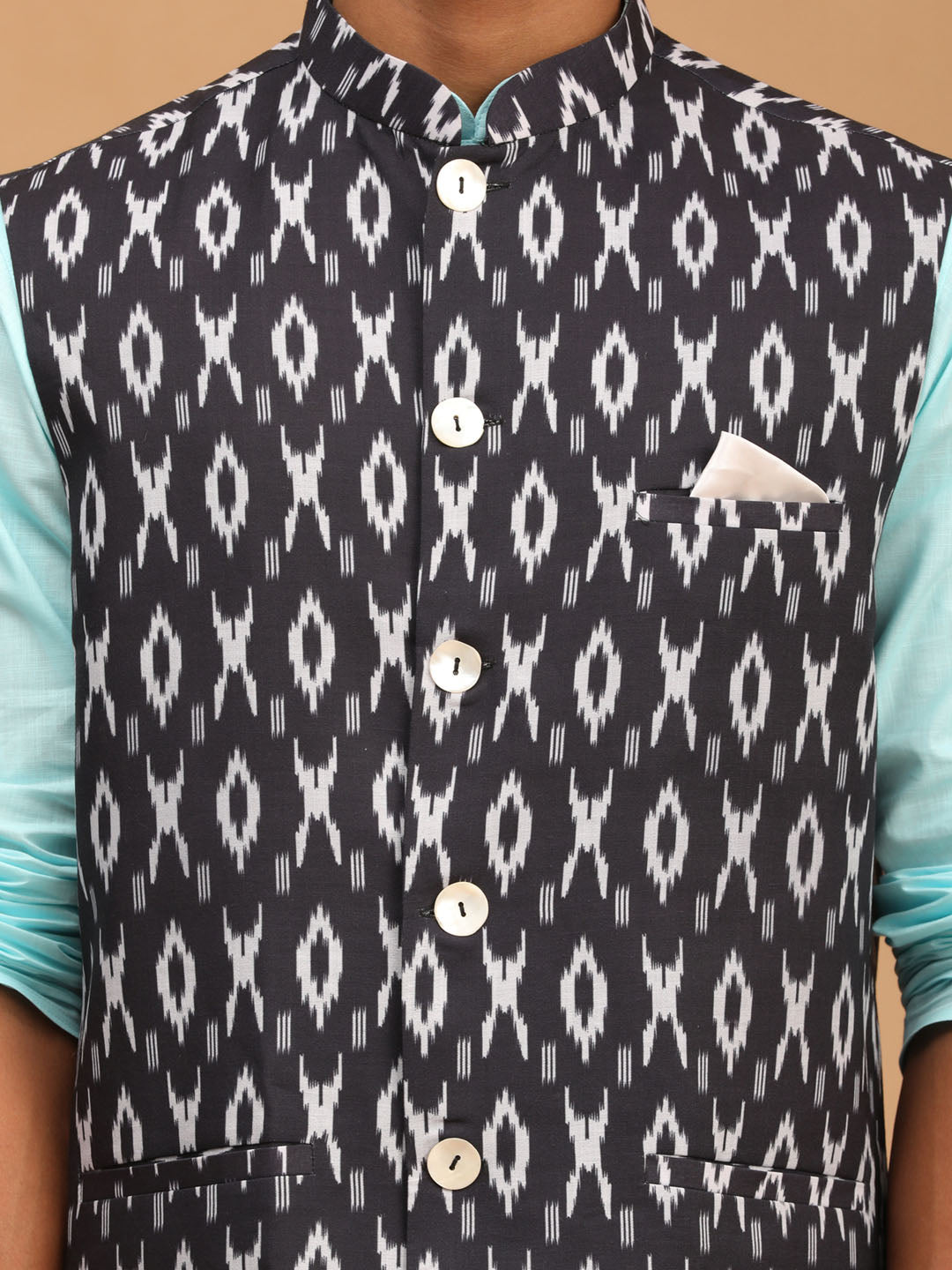 Vastramay Men's Aqua, Black And White Cotton Blend Jacket, Kurta And Pyjama Set - Distacart