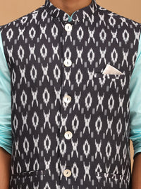 Thumbnail for Vastramay Men's Aqua, Black And White Cotton Blend Jacket, Kurta And Pyjama Set - Distacart