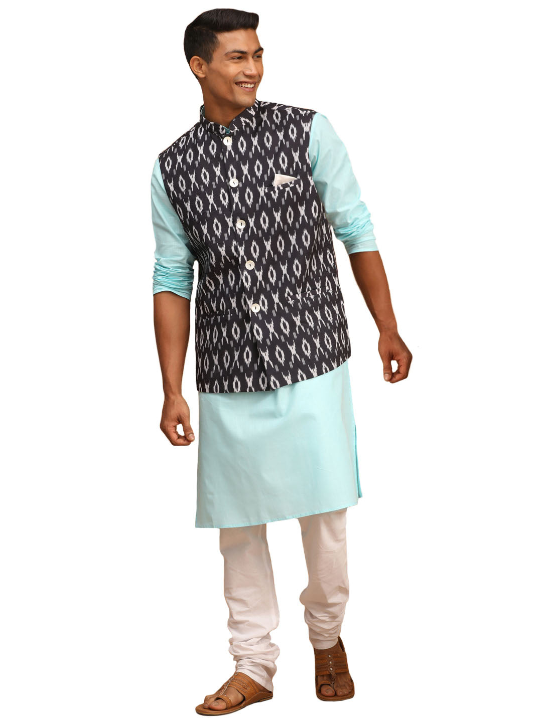 Vastramay Men's Aqua, Black And White Cotton Blend Jacket, Kurta And Pyjama Set - Distacart
