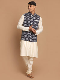 Thumbnail for Vastramay Men's Black And Cream Viscose Jacket, Kurta And Pyjama Set - Distacart