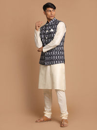 Thumbnail for Vastramay Men's Black And Cream Viscose Jacket, Kurta And Pyjama Set - Distacart