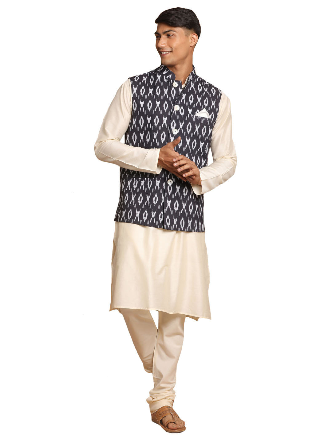Vastramay Men's Black And Cream Viscose Jacket, Kurta And Pyjama Set - Distacart