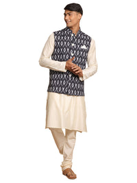 Thumbnail for Vastramay Men's Black And Cream Viscose Jacket, Kurta And Pyjama Set - Distacart