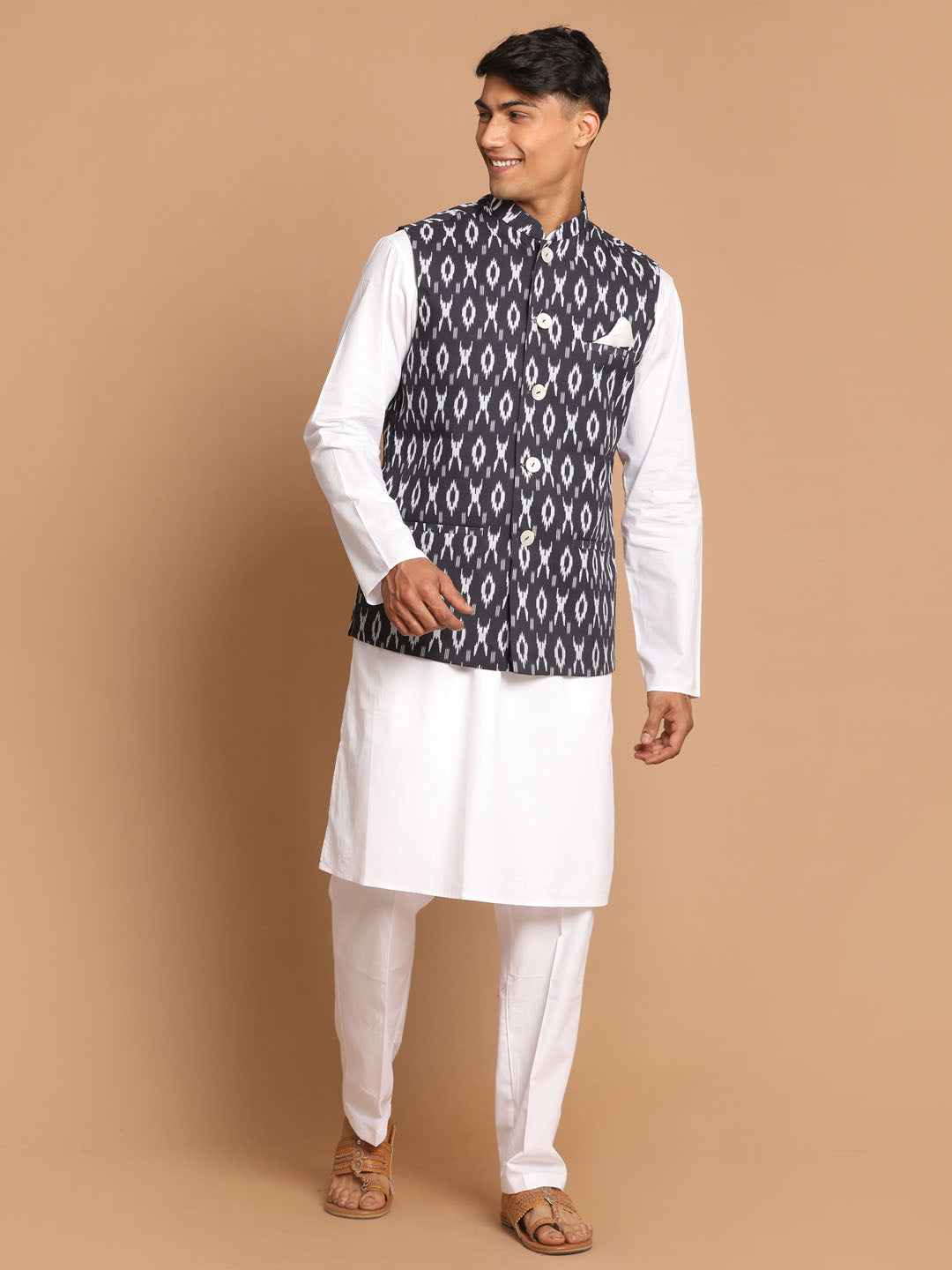 Vastramay Men's Black And White Pure Cotton Jacket, Kurta And Pyjama Set - Distacart