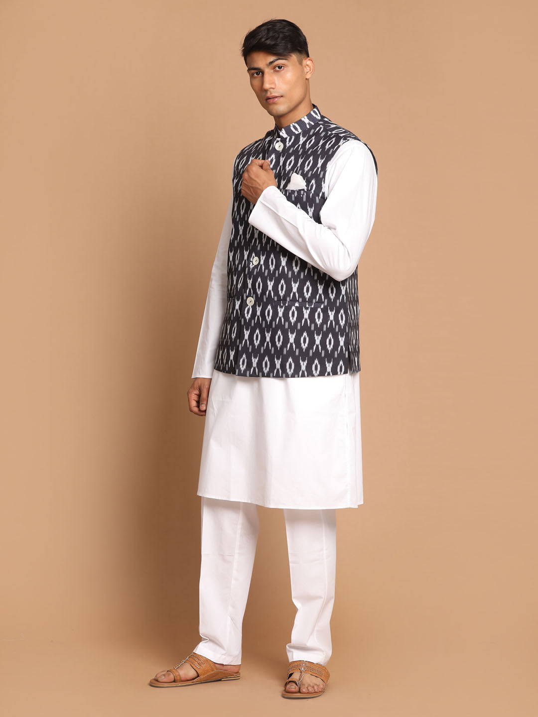 Vastramay Men's Black And White Pure Cotton Jacket, Kurta And Pyjama Set - Distacart