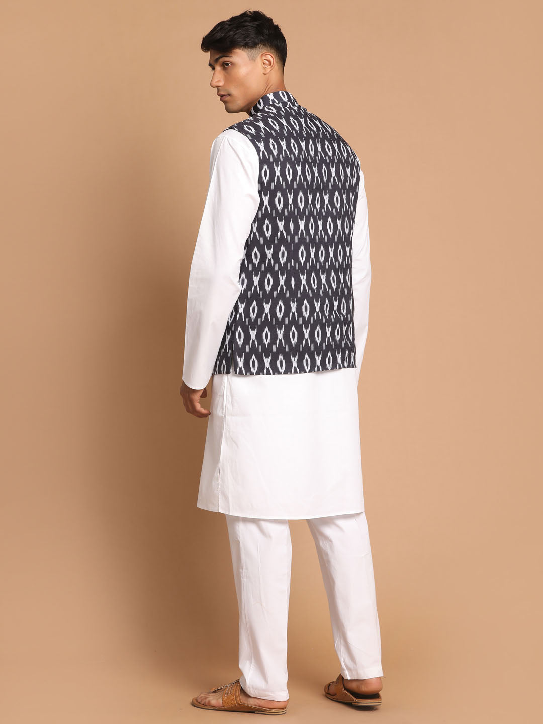 Vastramay Men's Black And White Pure Cotton Jacket, Kurta And Pyjama Set - Distacart