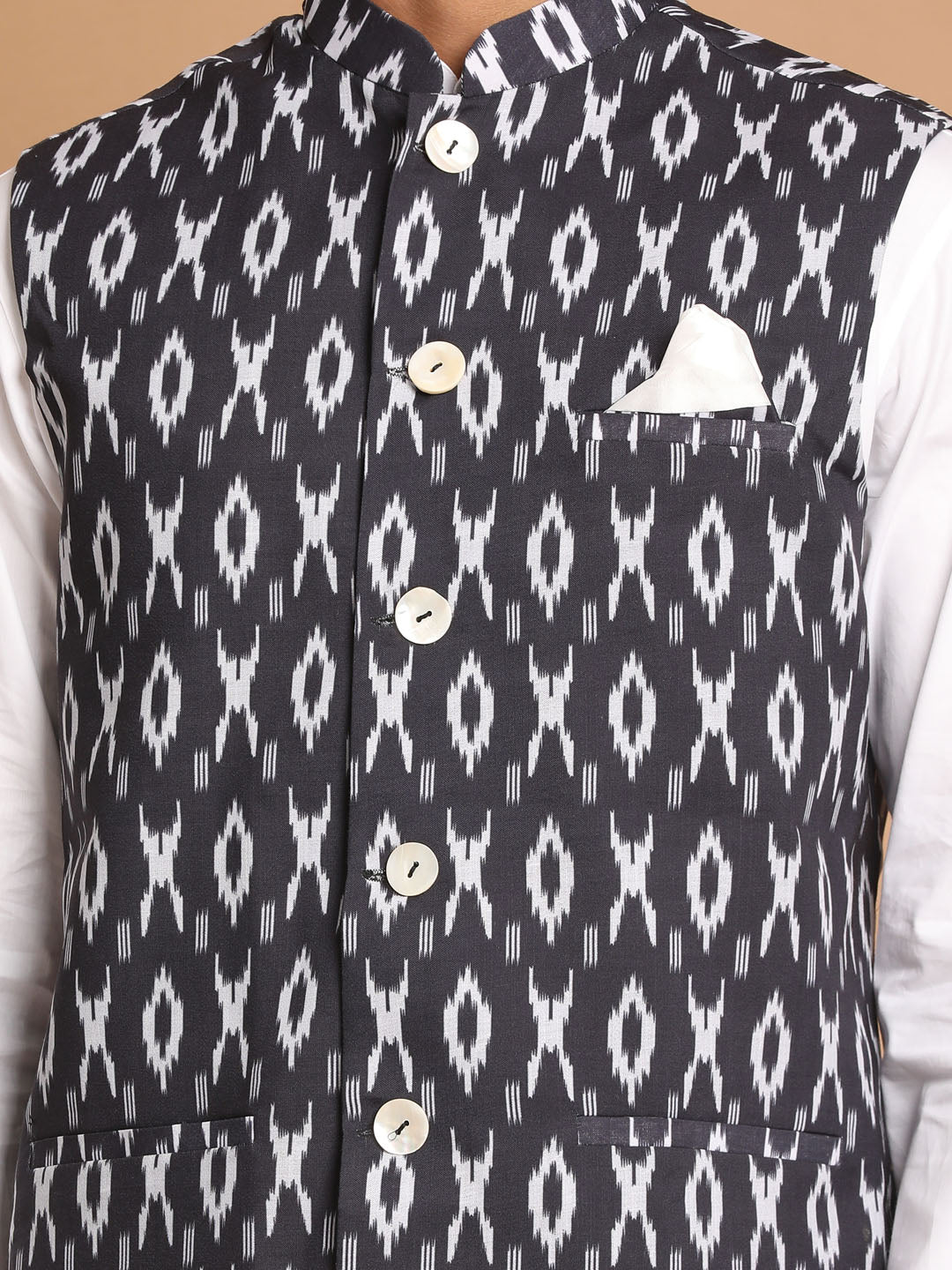 Vastramay Men's Black And White Pure Cotton Jacket, Kurta And Pyjama Set - Distacart