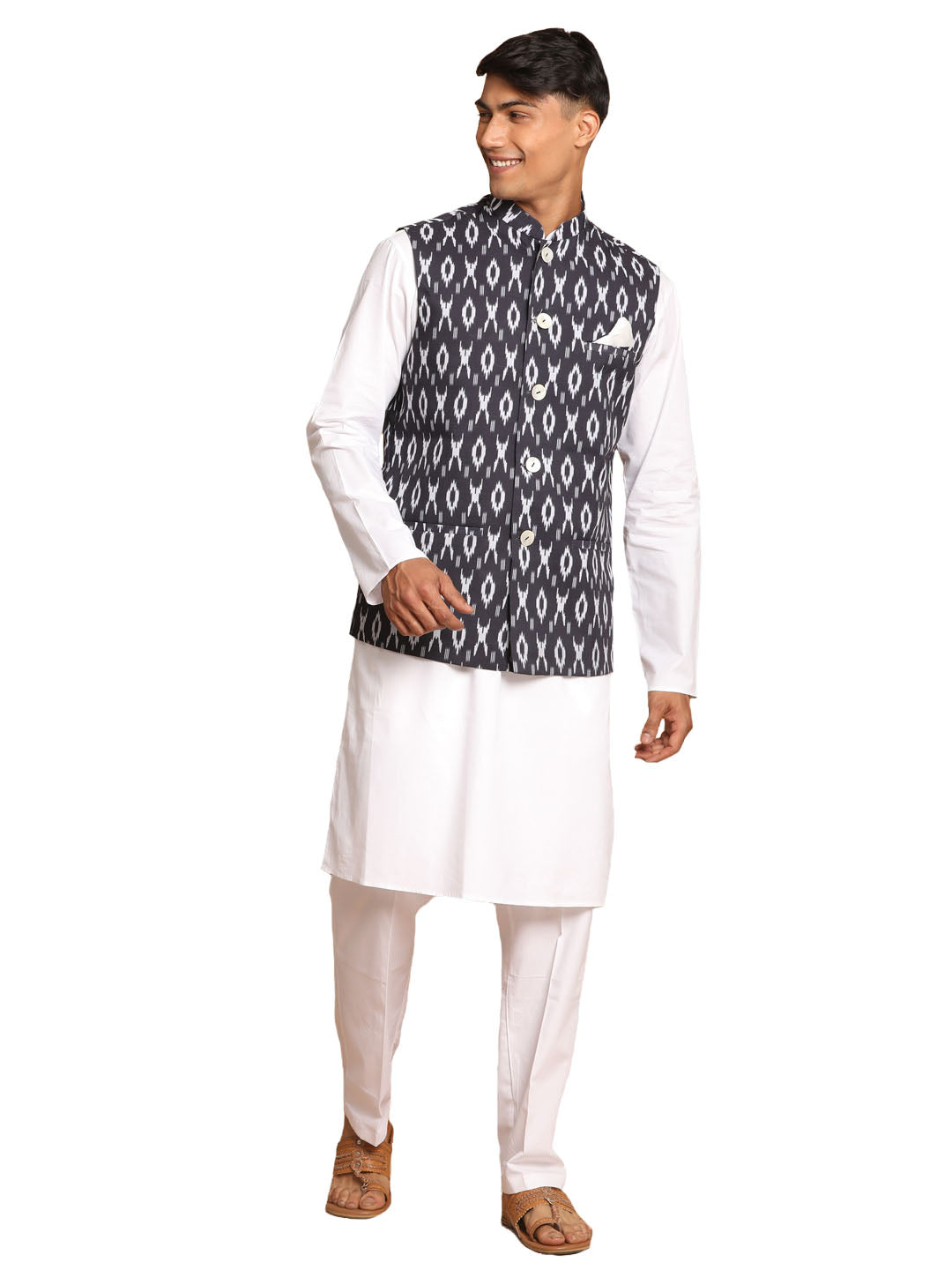 Vastramay Men's Black And White Pure Cotton Jacket, Kurta And Pyjama Set - Distacart