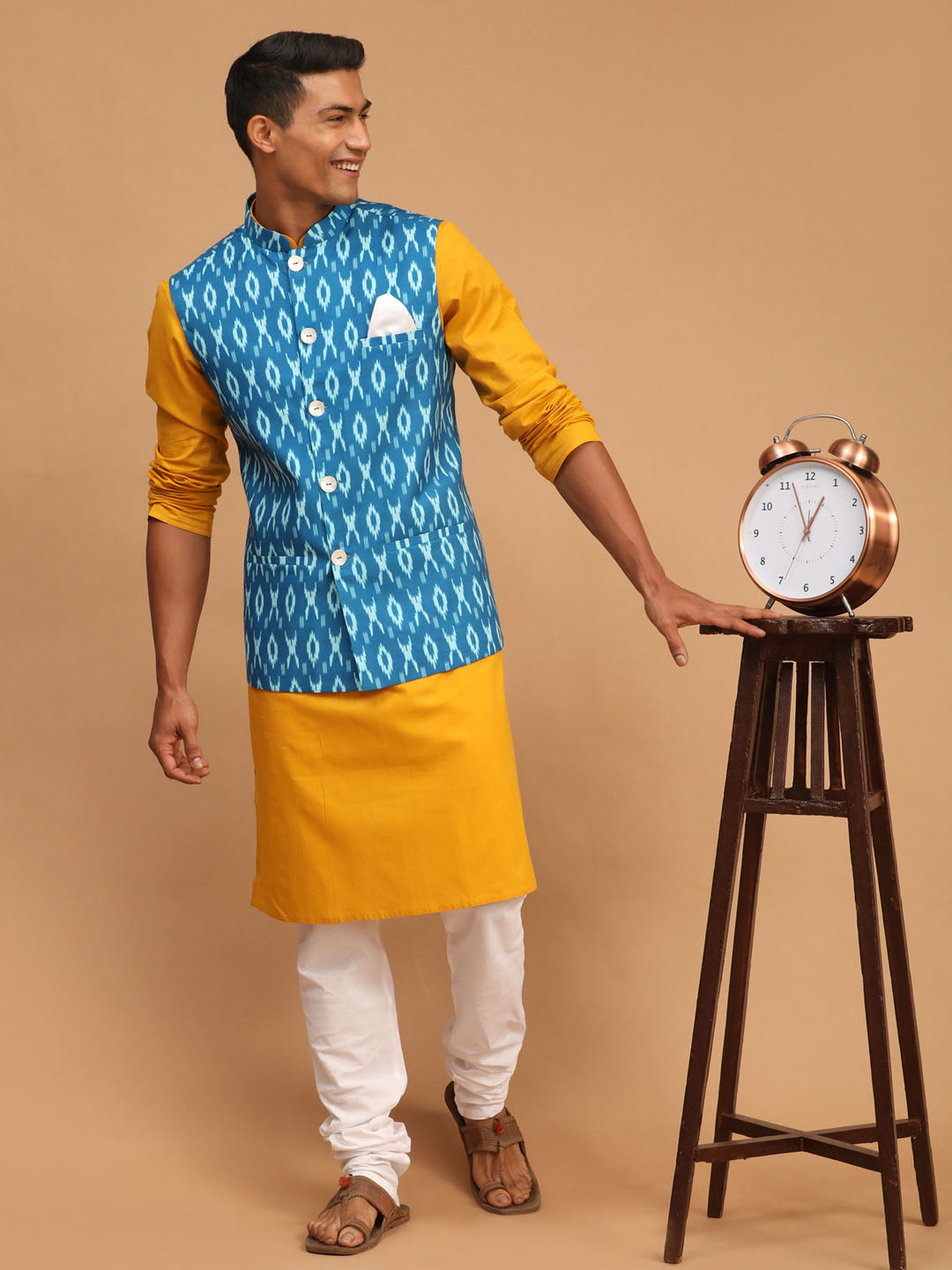 Vastramay Men's Mustard, Turquoise And White Cotton Blend Jacket, Kurta And Pyjama Set - Distacart