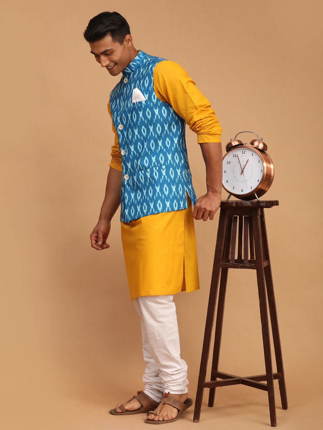 Vastramay Men's Mustard, Turquoise And White Cotton Blend Jacket, Kurta And Pyjama Set - Distacart