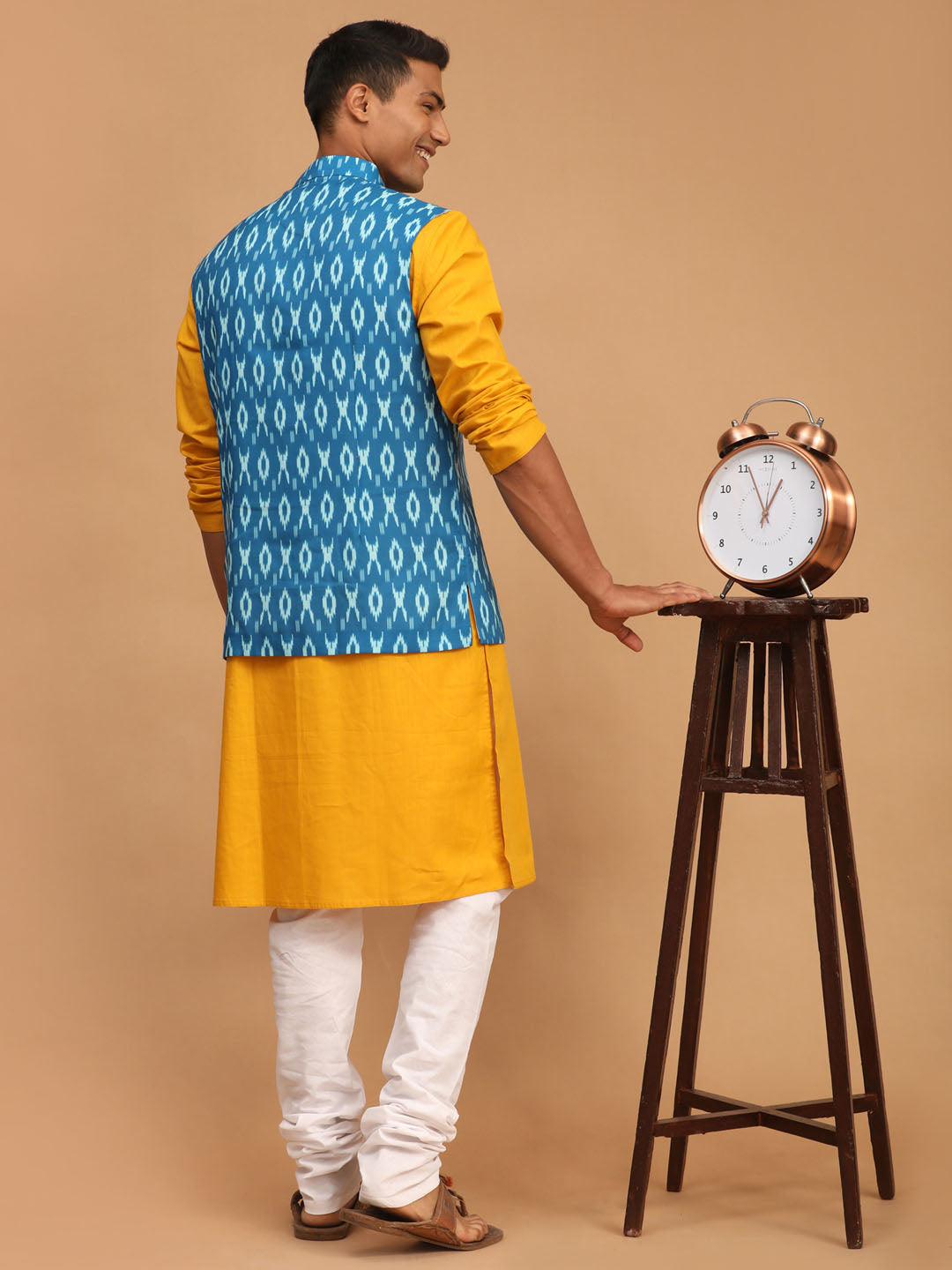 Vastramay Men's Mustard, Turquoise And White Cotton Blend Jacket, Kurta And Pyjama Set - Distacart