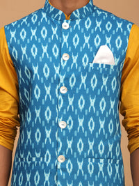 Thumbnail for Vastramay Men's Mustard, Turquoise And White Cotton Blend Jacket, Kurta And Pyjama Set - Distacart