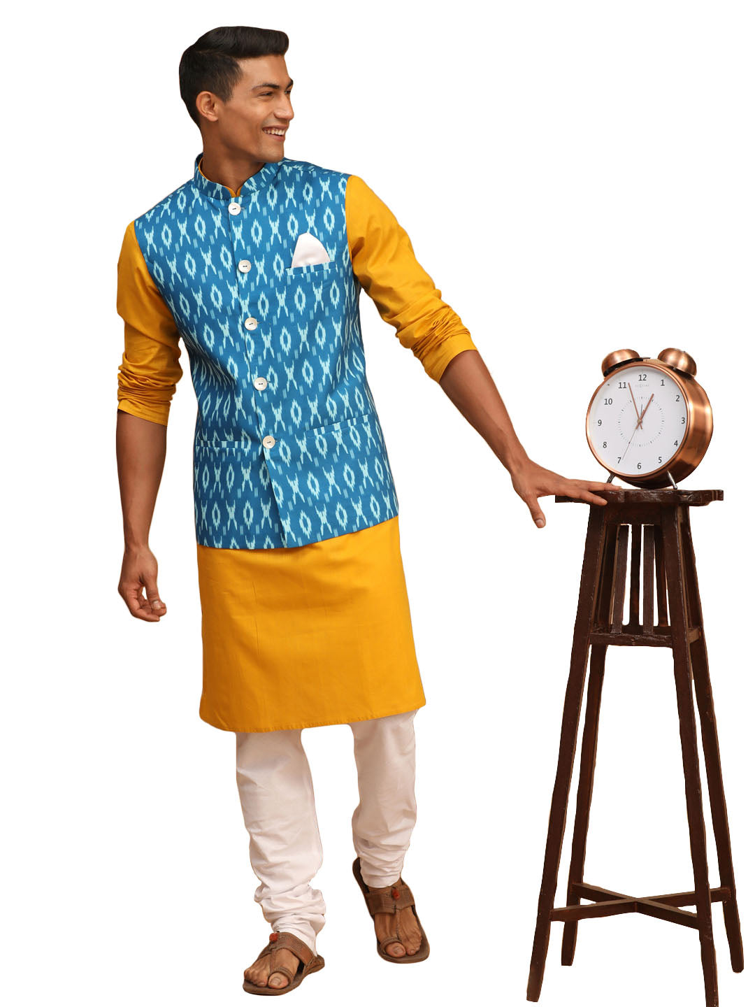 Vastramay Men's Mustard, Turquoise And White Cotton Blend Jacket, Kurta And Pyjama Set - Distacart