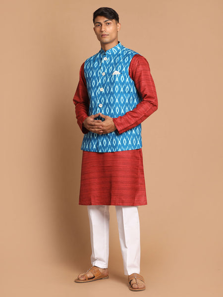 Vastramay Men's Maroon, Turquoise And White Cotton Blend Jacket, Kurta And Pyjama Set - Distacart
