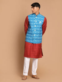 Thumbnail for Vastramay Men's Maroon, Turquoise And White Cotton Blend Jacket, Kurta And Pyjama Set - Distacart