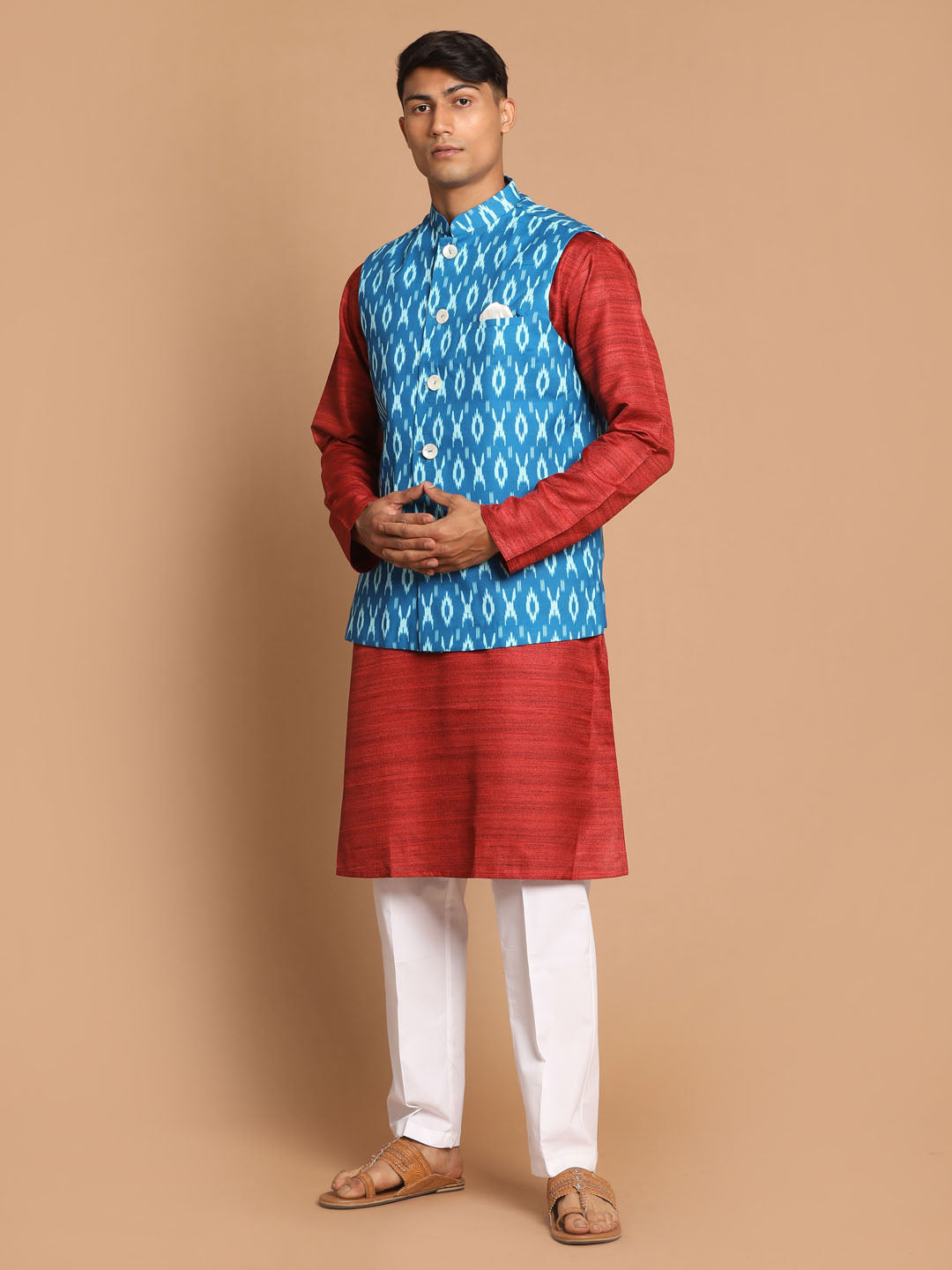 Vastramay Men's Maroon, Turquoise And White Cotton Blend Jacket, Kurta And Pyjama Set - Distacart