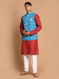 Thumbnail for Vastramay Men's Maroon, Turquoise And White Cotton Blend Jacket, Kurta And Pyjama Set - Distacart