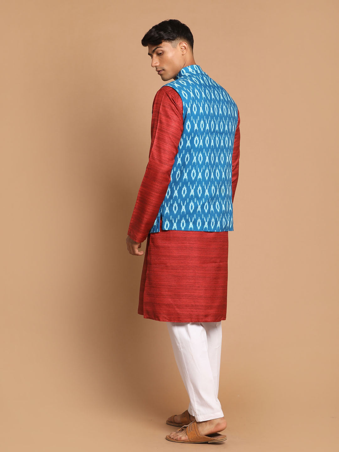 Vastramay Men's Maroon, Turquoise And White Cotton Blend Jacket, Kurta And Pyjama Set - Distacart