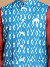 Thumbnail for Vastramay Men's Maroon, Turquoise And White Cotton Blend Jacket, Kurta And Pyjama Set - Distacart