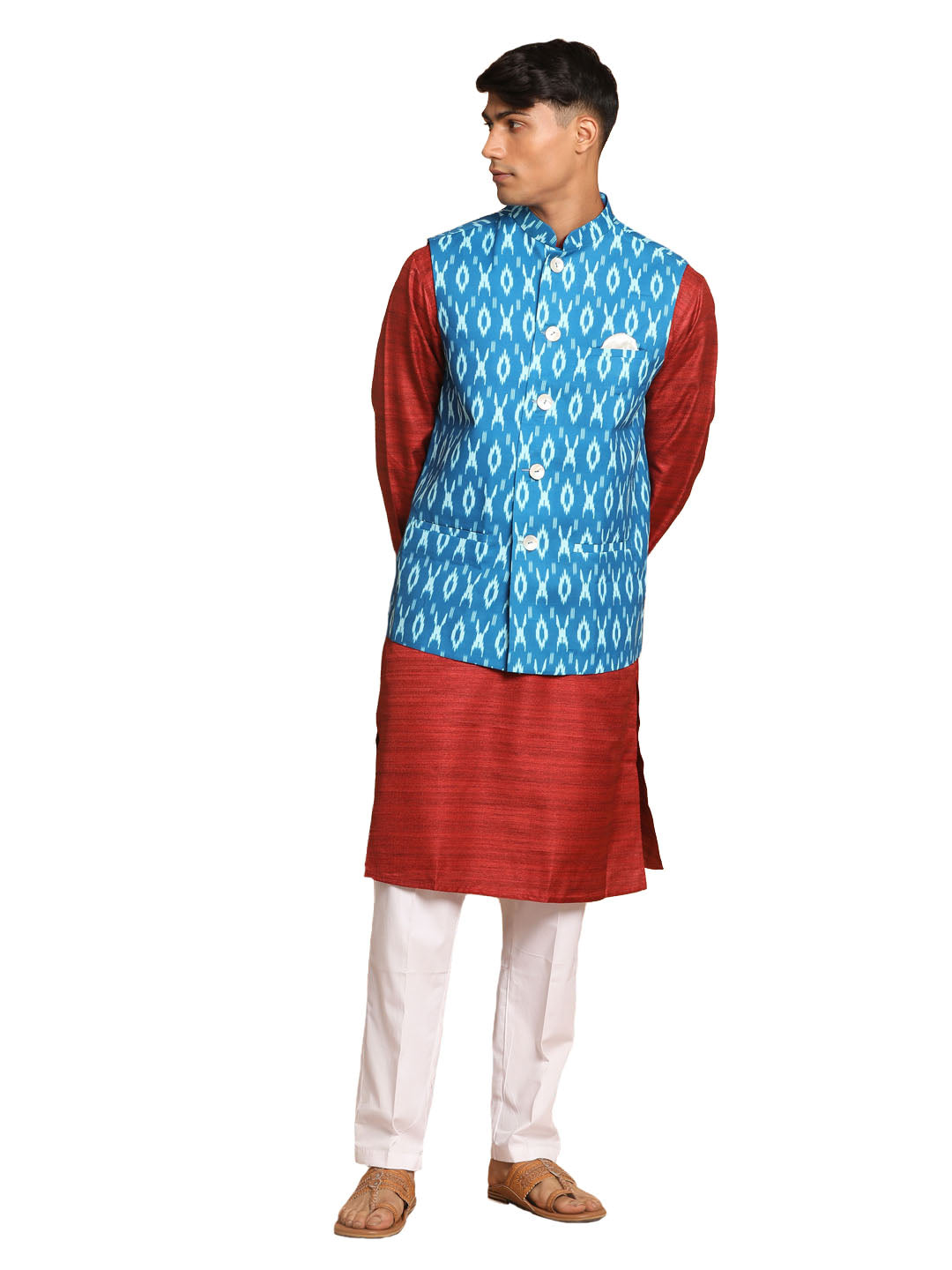 Vastramay Men's Maroon, Turquoise And White Cotton Blend Jacket, Kurta And Pyjama Set - Distacart