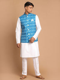 Thumbnail for Vastramay Men's Turquoise And White Pure Cotton Jacket, Kurta And Pyjama Set - Distacart