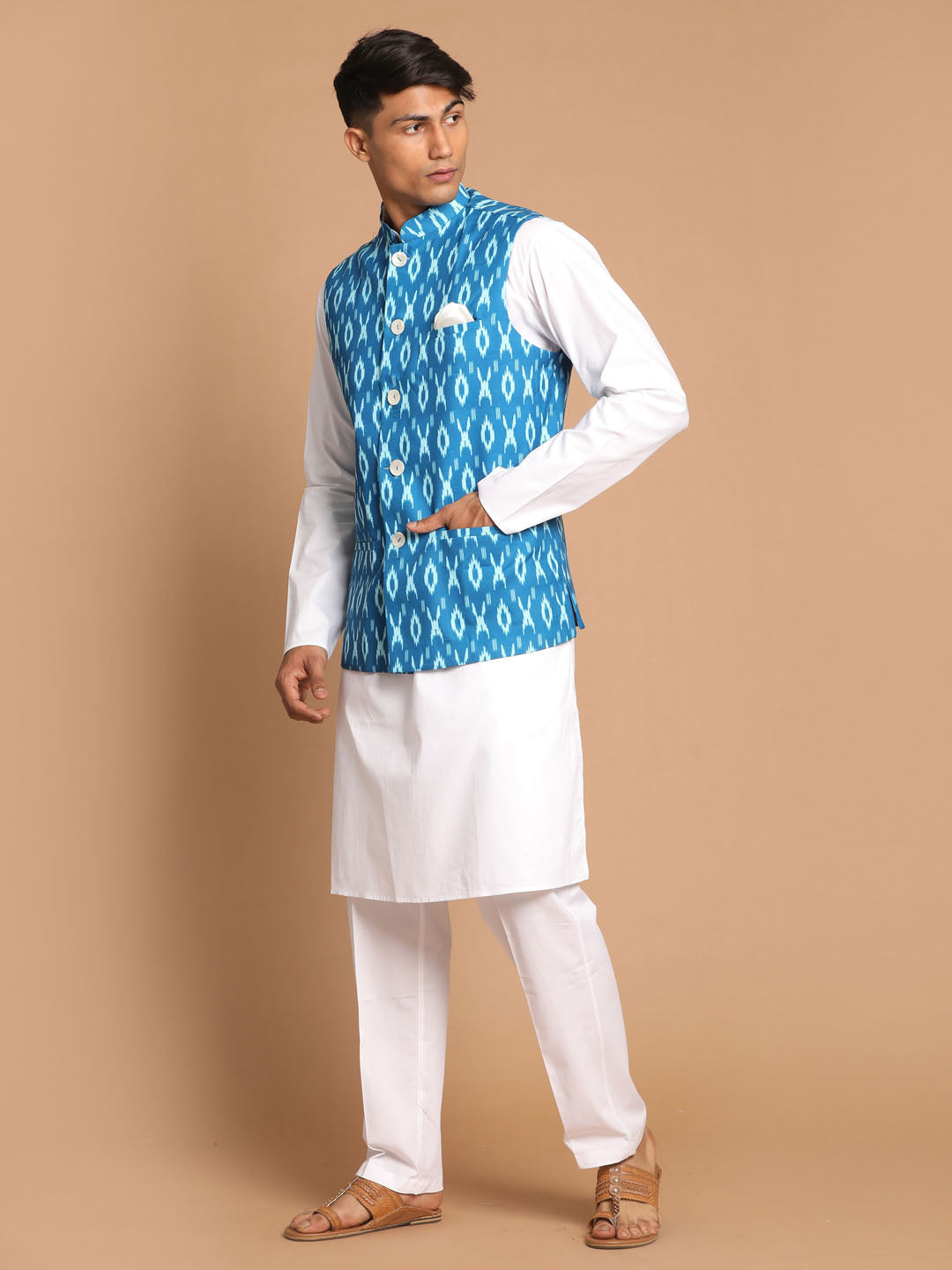 Vastramay Men's Turquoise And White Pure Cotton Jacket, Kurta And Pyjama Set - Distacart