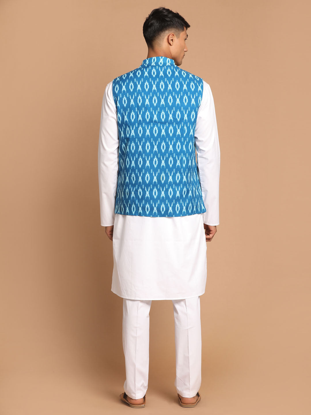 Vastramay Men's Turquoise And White Pure Cotton Jacket, Kurta And Pyjama Set - Distacart