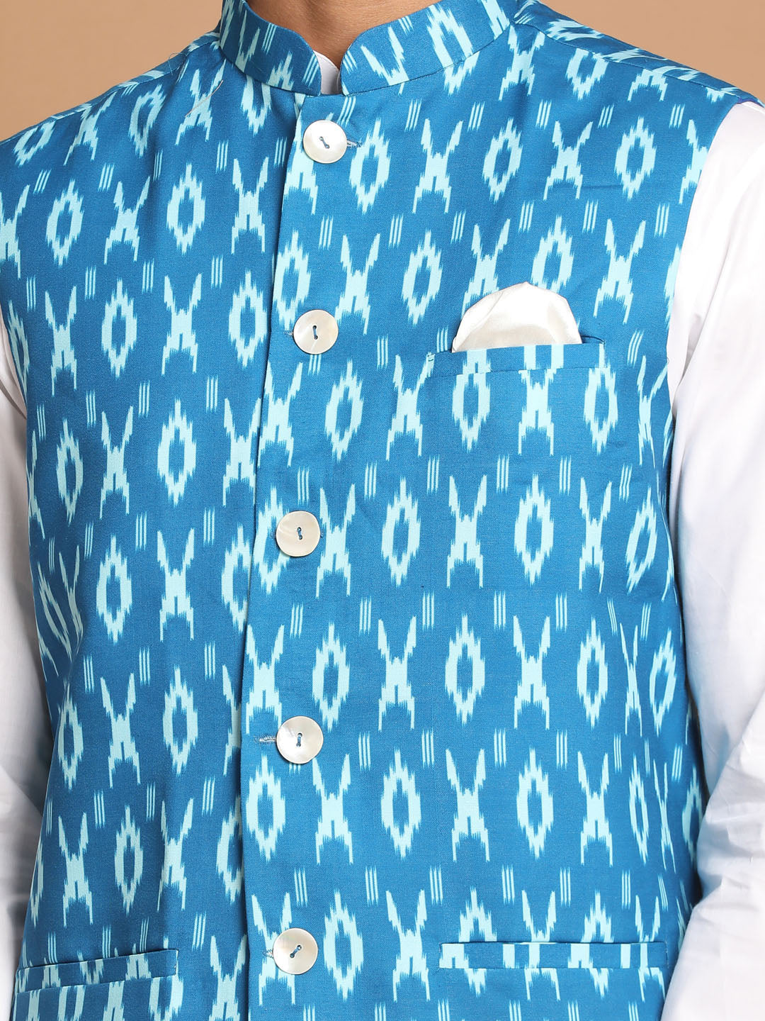 Vastramay Men's Turquoise And White Pure Cotton Jacket, Kurta And Pyjama Set - Distacart
