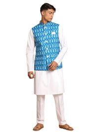 Thumbnail for Vastramay Men's Turquoise And White Pure Cotton Jacket, Kurta And Pyjama Set - Distacart