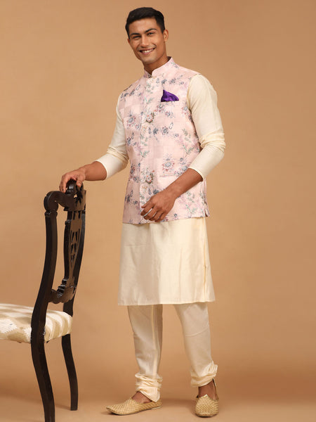 Vastramay Men's Multicolor-Base-Peach Viscose Jacket, Kurta And Pyjama Set - Distacart