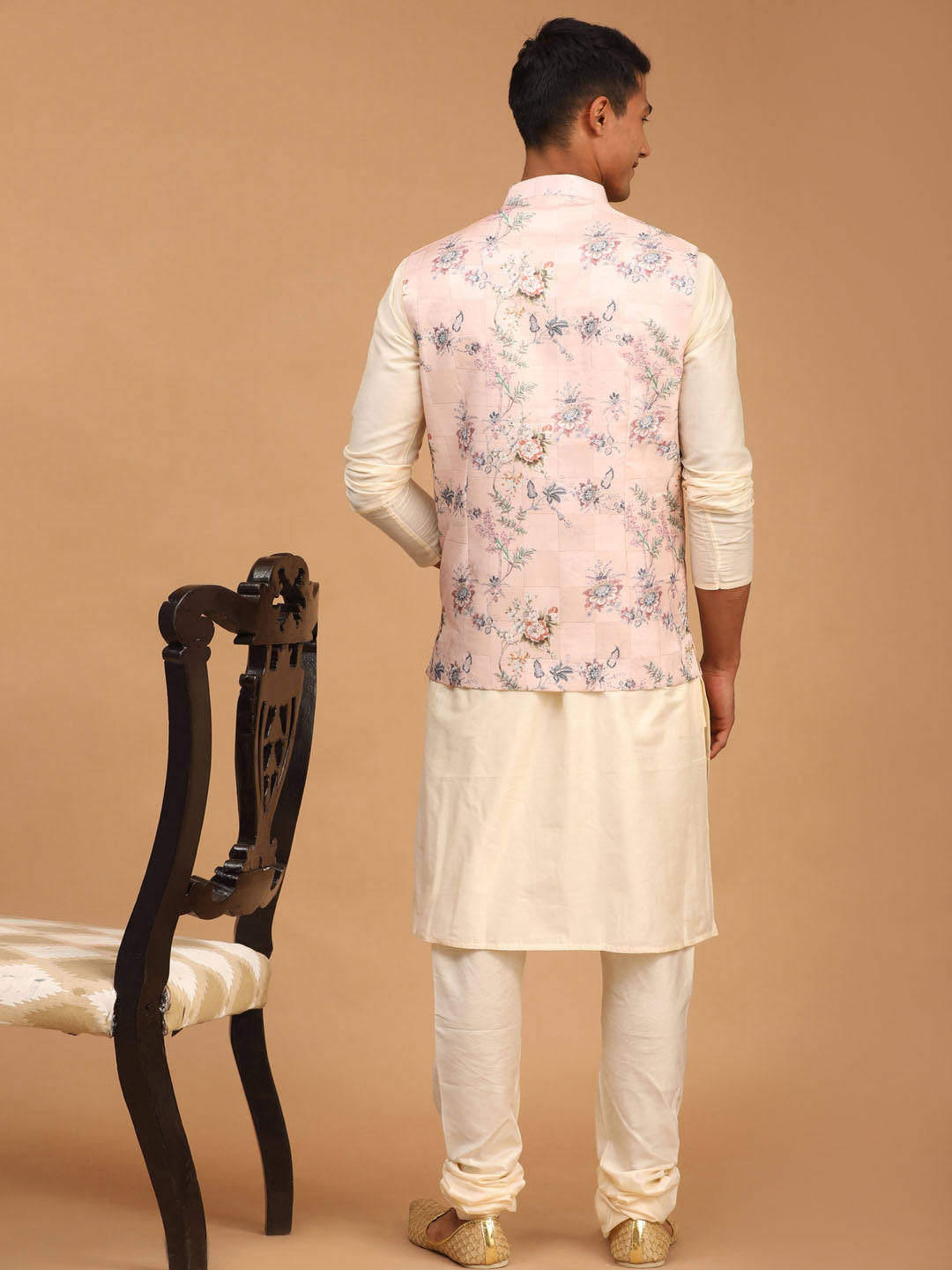 Vastramay Men's Multicolor-Base-Peach Viscose Jacket, Kurta And Pyjama Set - Distacart