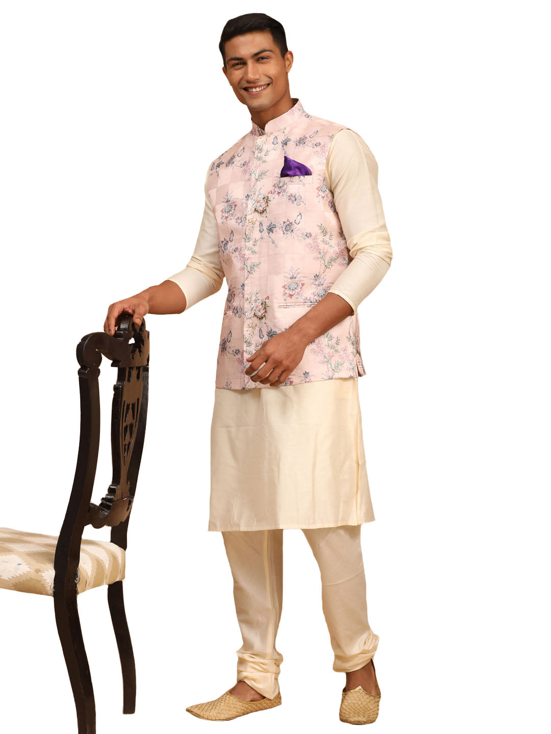 Vastramay Men's Multicolor-Base-Peach Viscose Jacket, Kurta And Pyjama Set - Distacart
