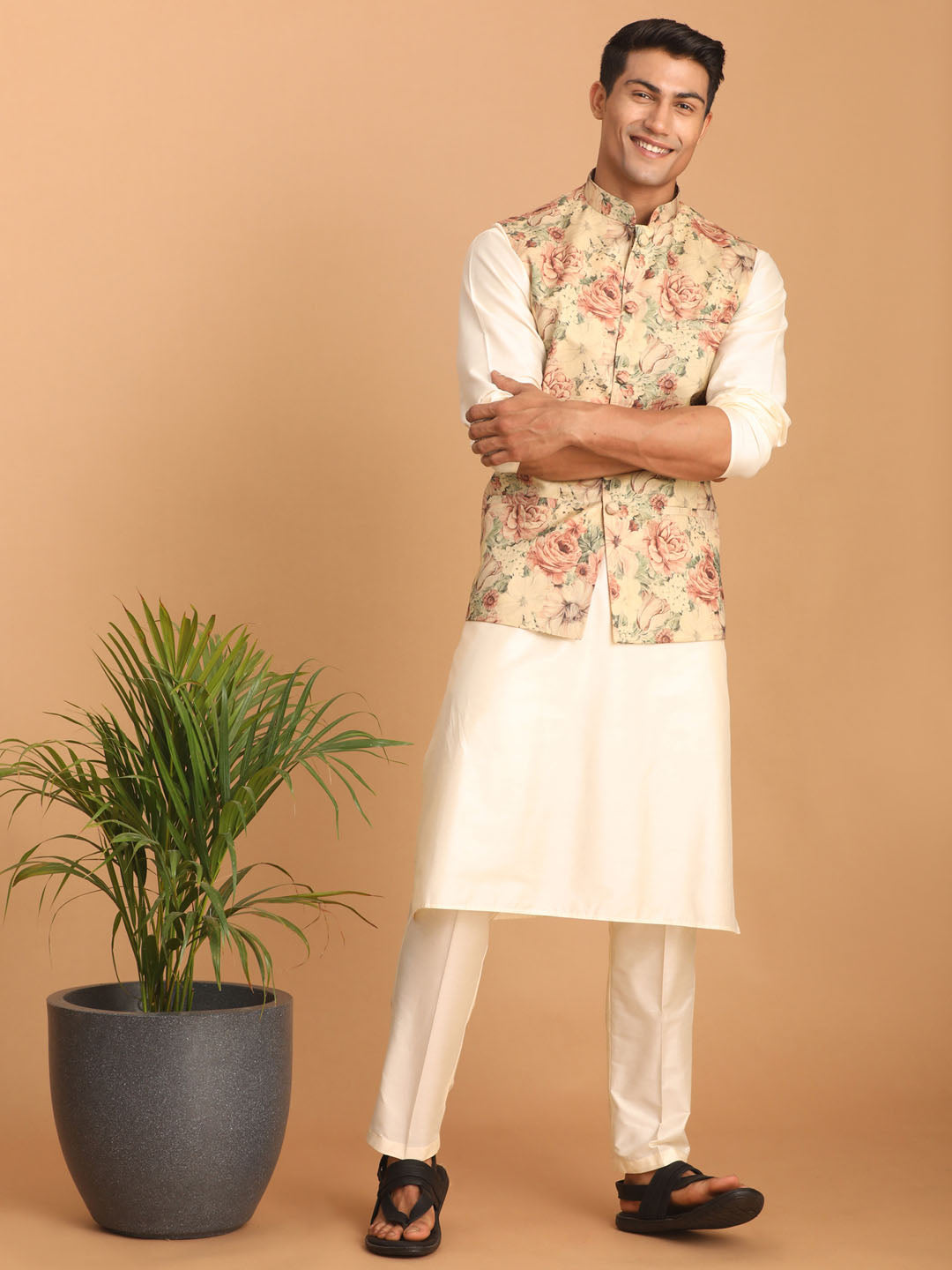 Vastramay Men's Cream And Brown Silk Blend Jacket, Kurta And Pyjama Set - Distacart