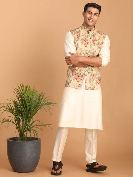Vastramay Men's Cream And Brown Silk Blend Jacket, Kurta And Pyjama Set - Distacart